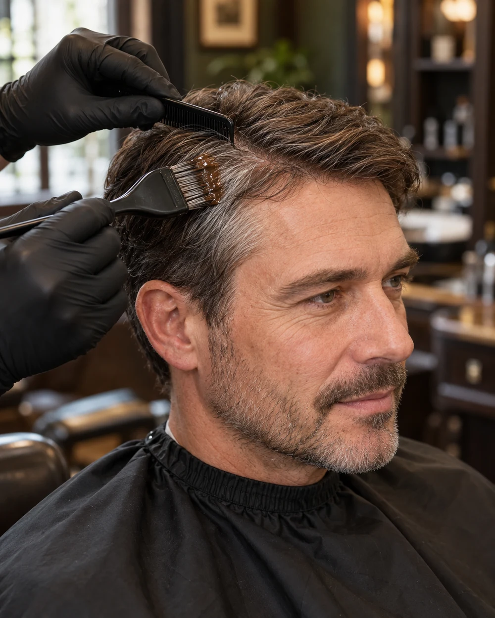 Photorealistic illustration of men’s grey blending: applying colour to grey strands at the temple